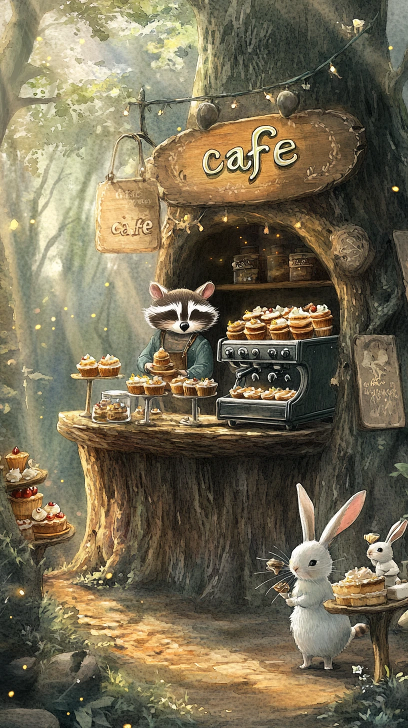 Procione barista che serve caffè in un caffè nel bosco da fiaba
