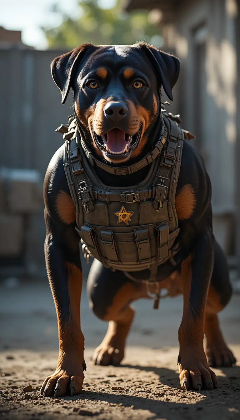 Anthropomorphic rottweiler lunging forward in bright backyard sunlight