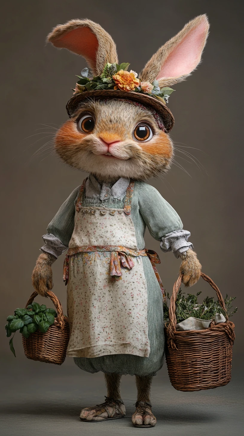 Anthropomorphic rabbit in cottagecore dress with herb basket