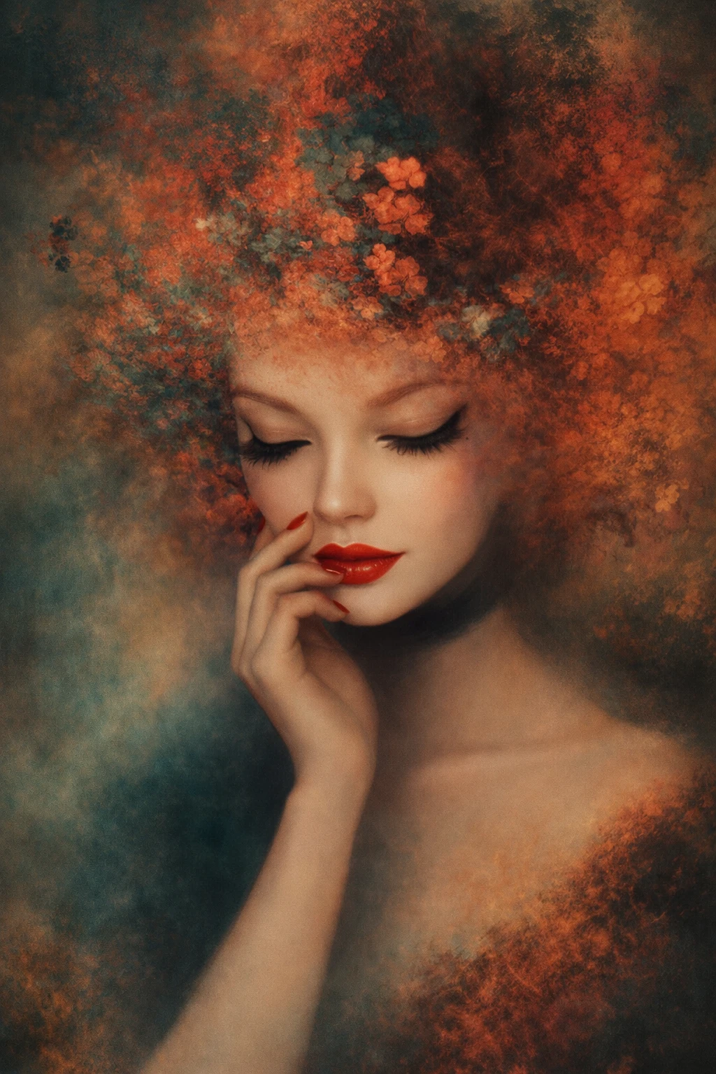 Retrato surreal de uma bela mulher que se funde com arte aerografada