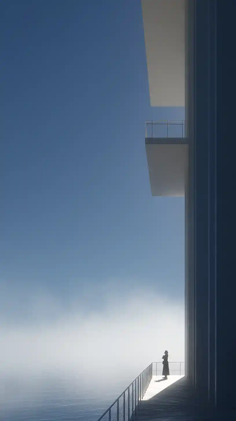 Mulher em uma varanda vista de um ângulo extremamente baixo