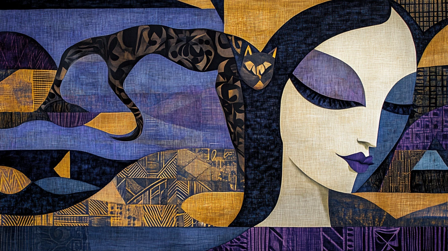 Abstract cubist woman intertwined with a sleek cat
