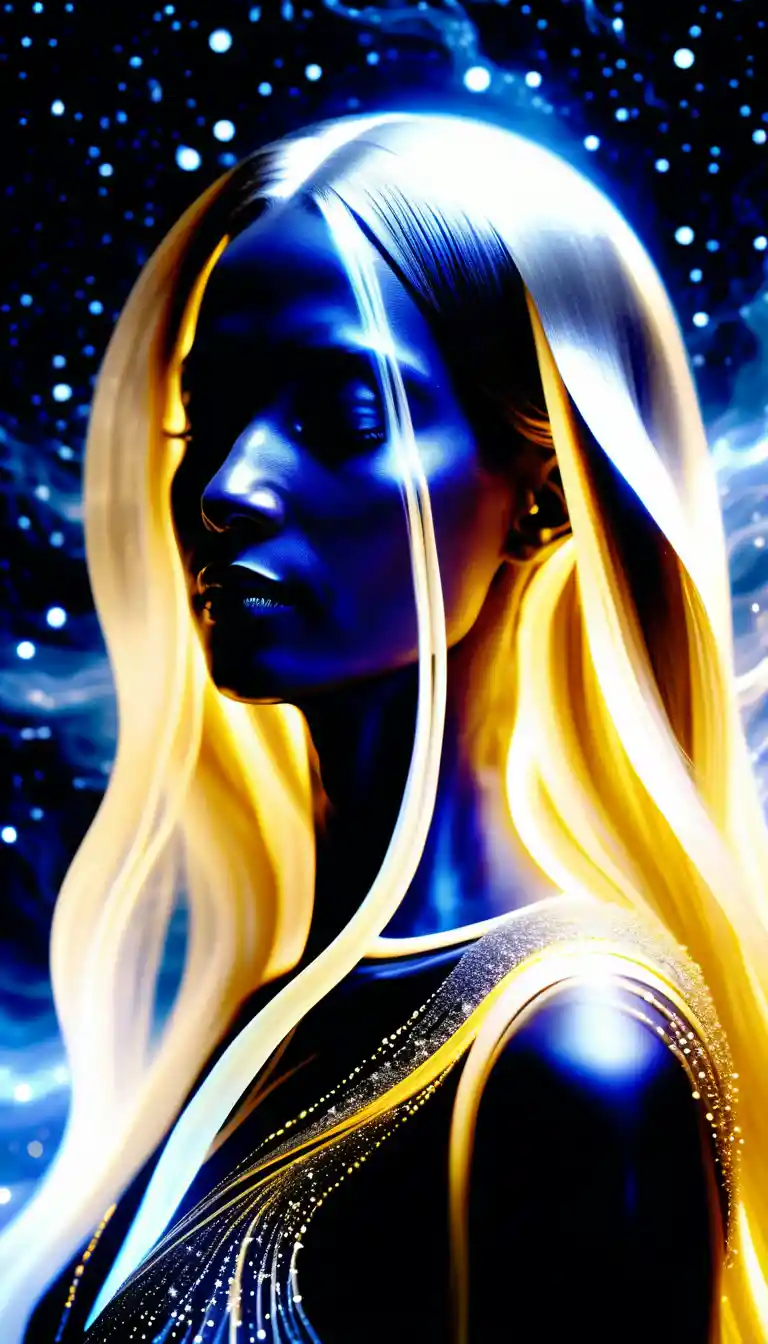Donna cosmica eterea formata da argento e oro liquidi