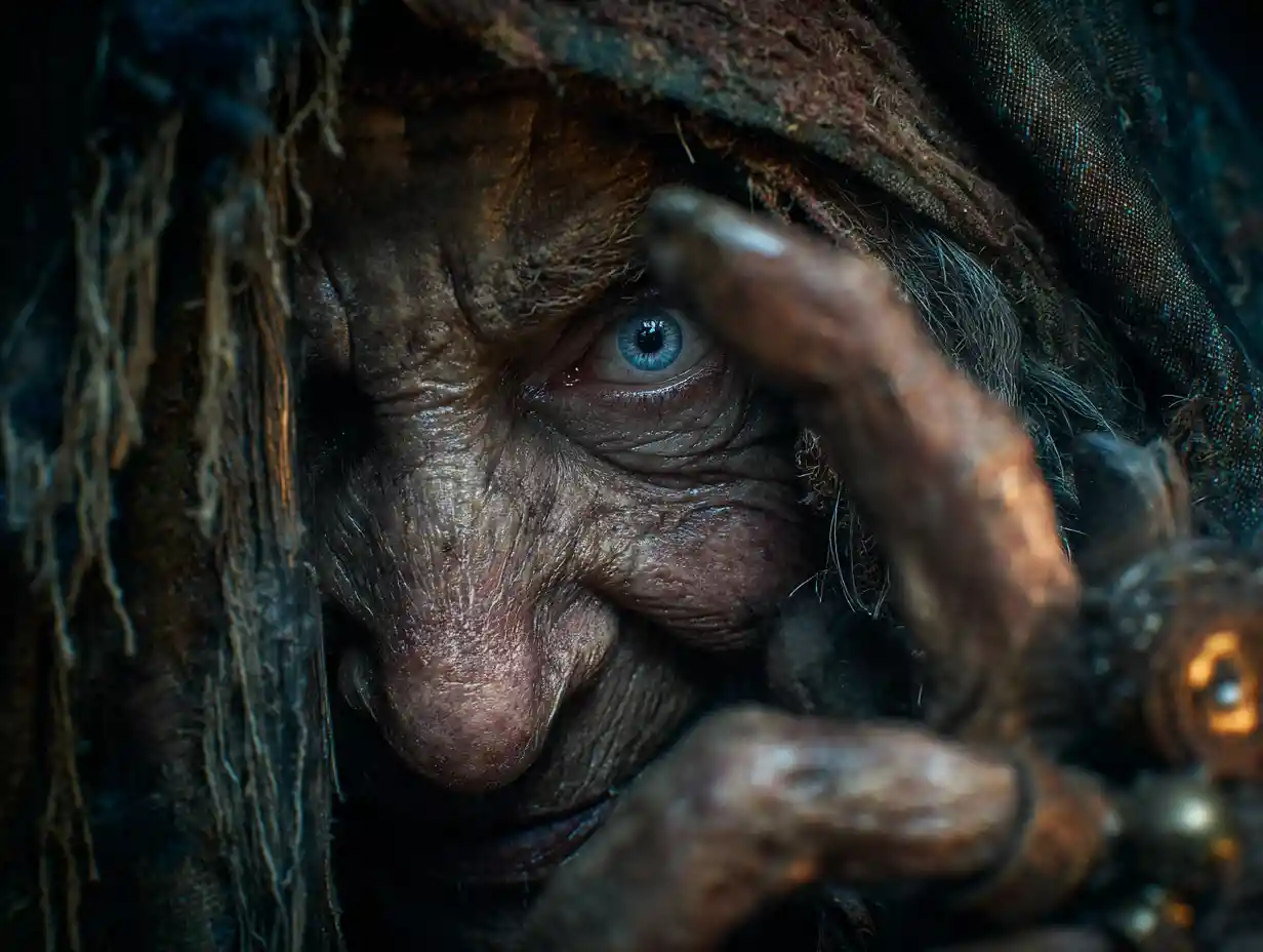 Terrifying close view of an old crone at cabin window