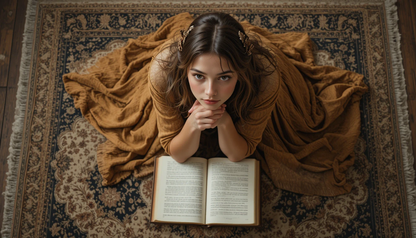 Young woman curled on a rug in warm overhead view