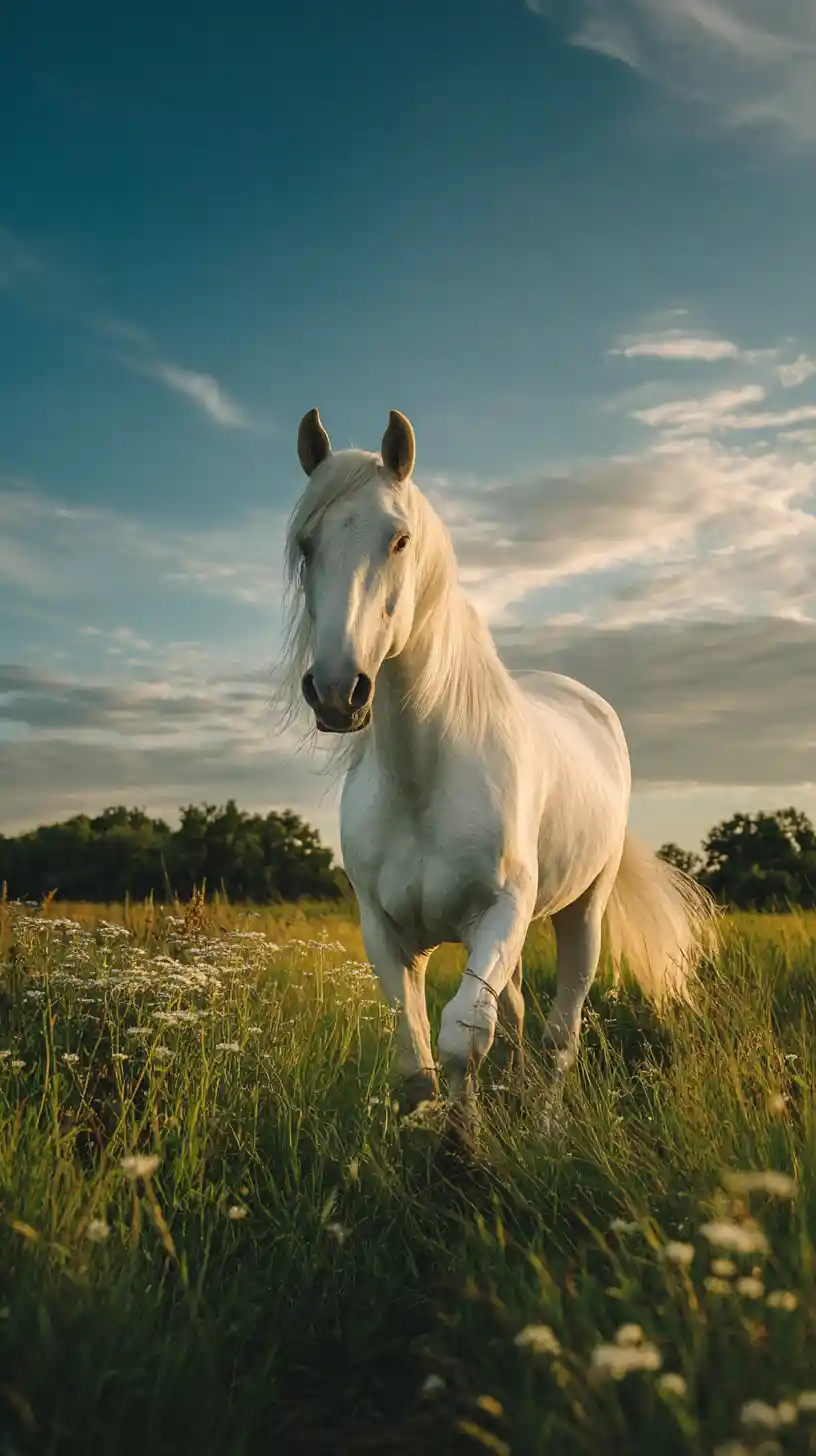 White horse standing in a sunlit meadow at dusk