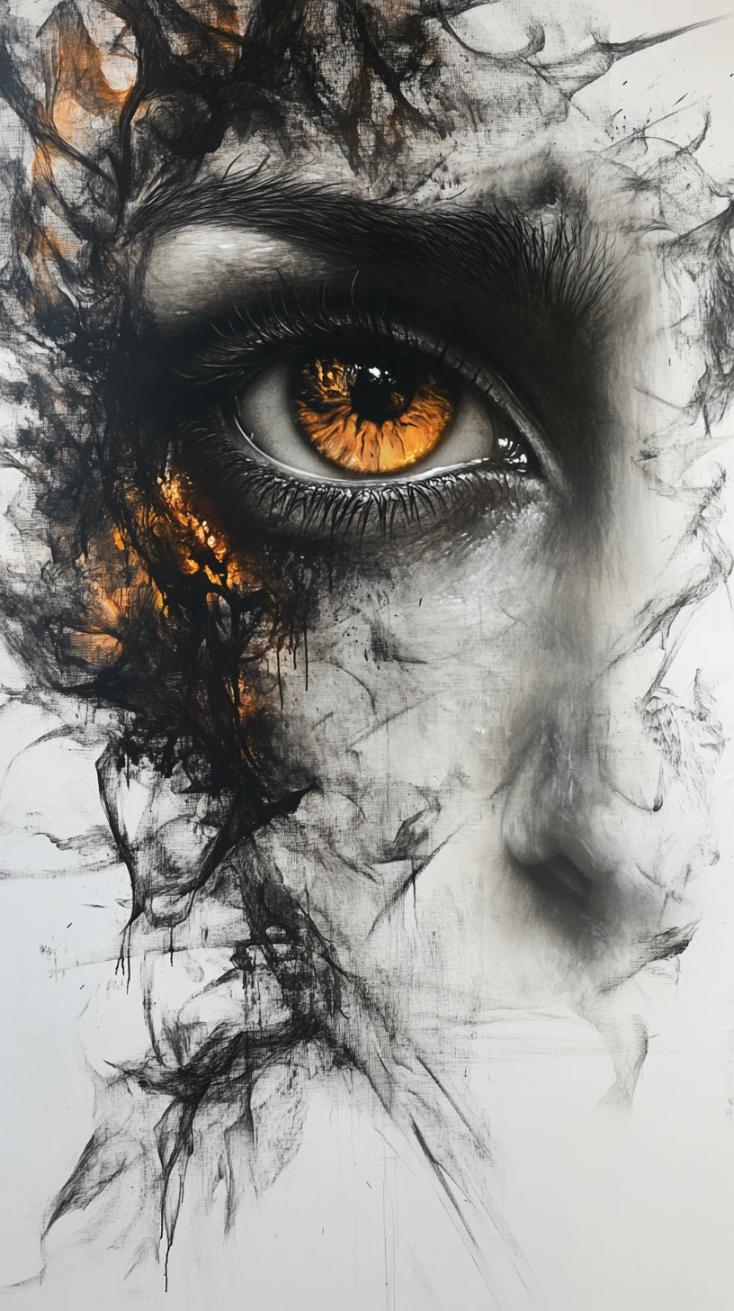 Abstract mixed media wolf with large reflective eyes