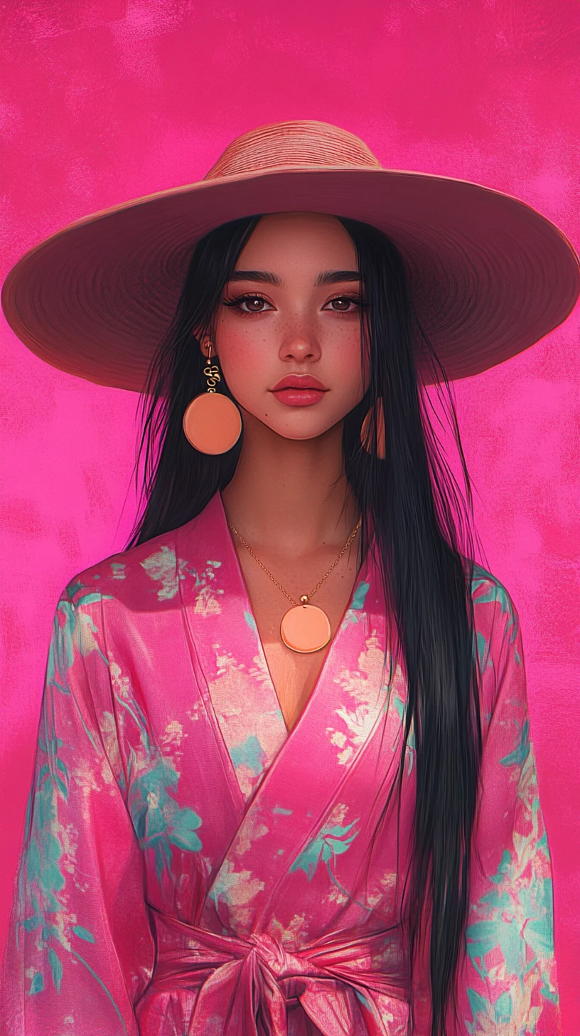 Jovem mulher com robe de quimono rosa e chapéu de aba larga