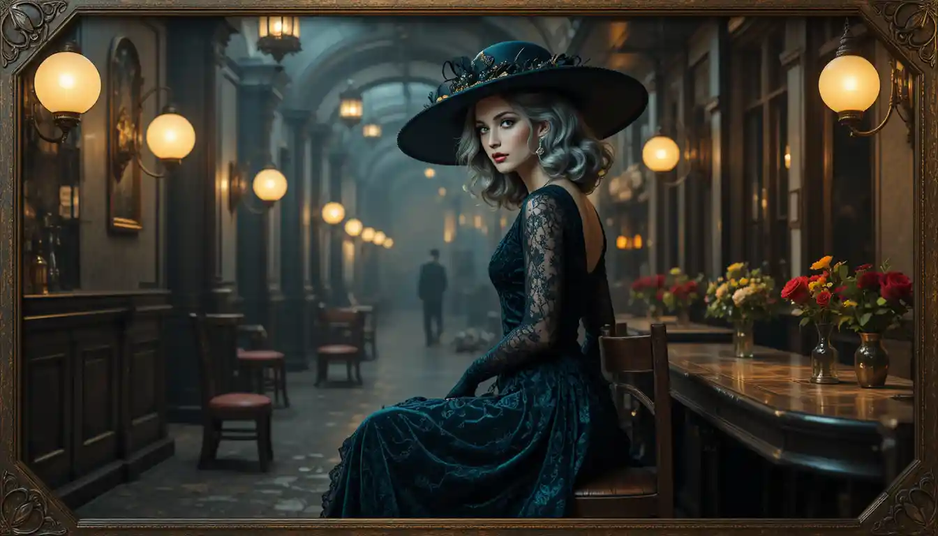 Elegant woman in shadowed bar with a single red rose