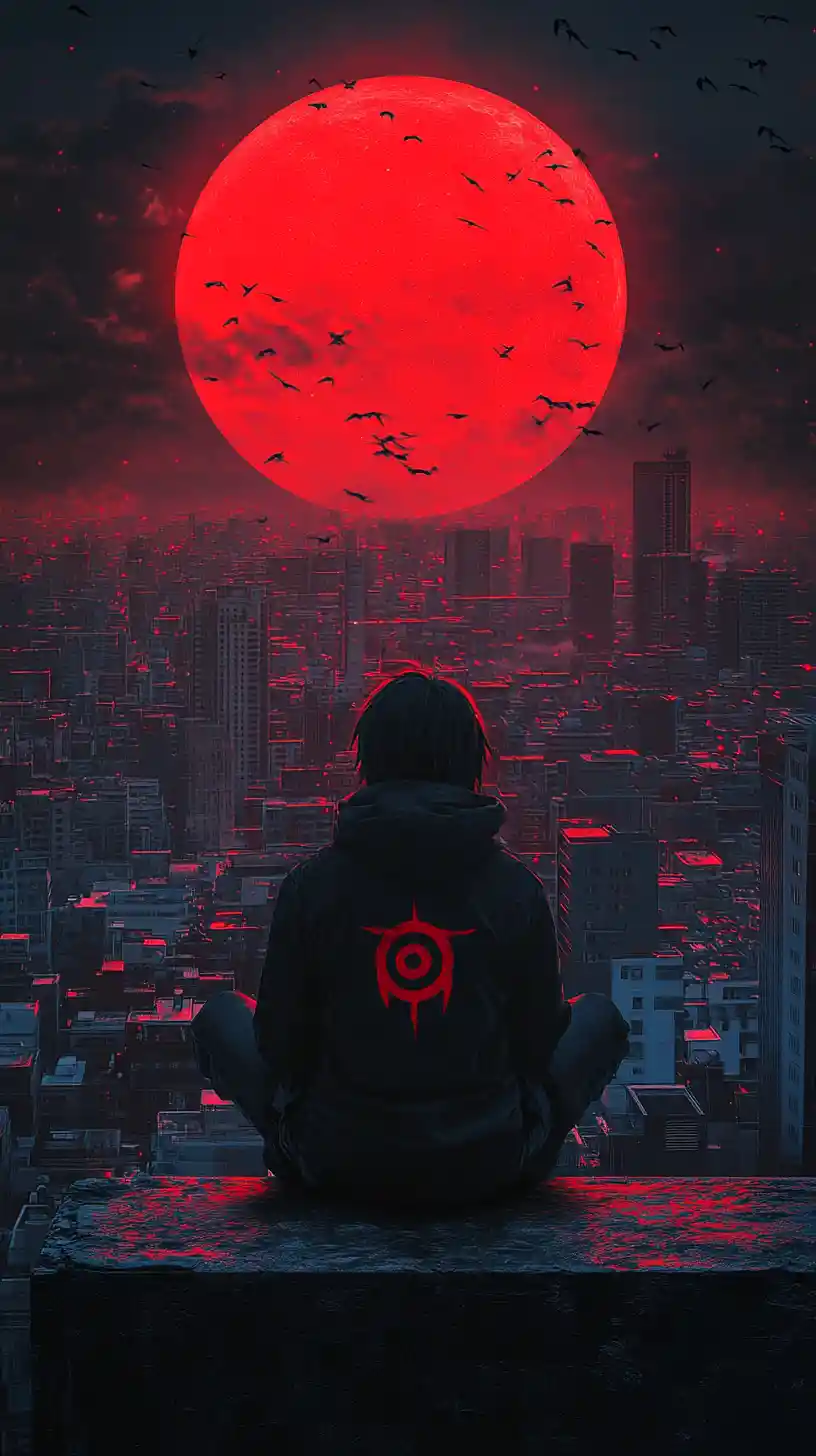 Einsame Gestalt auf dystopischem Dach über roter Cyberpunk-Stadt