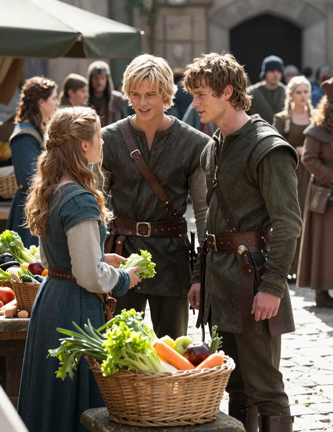 Young men shopping at a sunny fantasy market stall