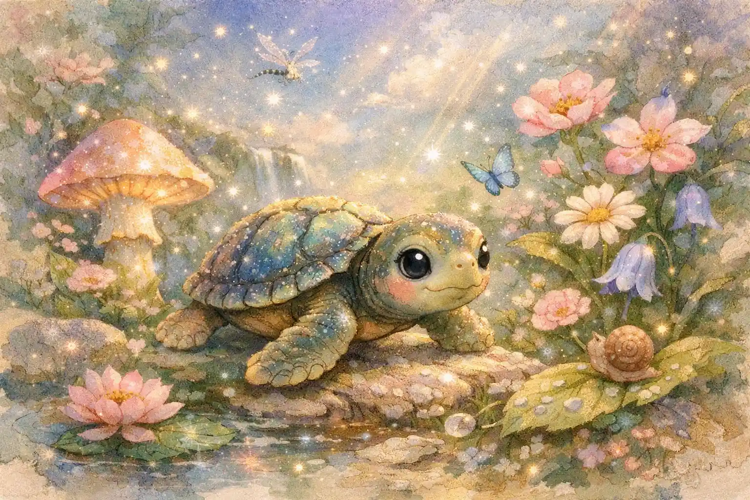 Filhote de tartaruga explorando um suave jardim em tons pastéis – ilustração