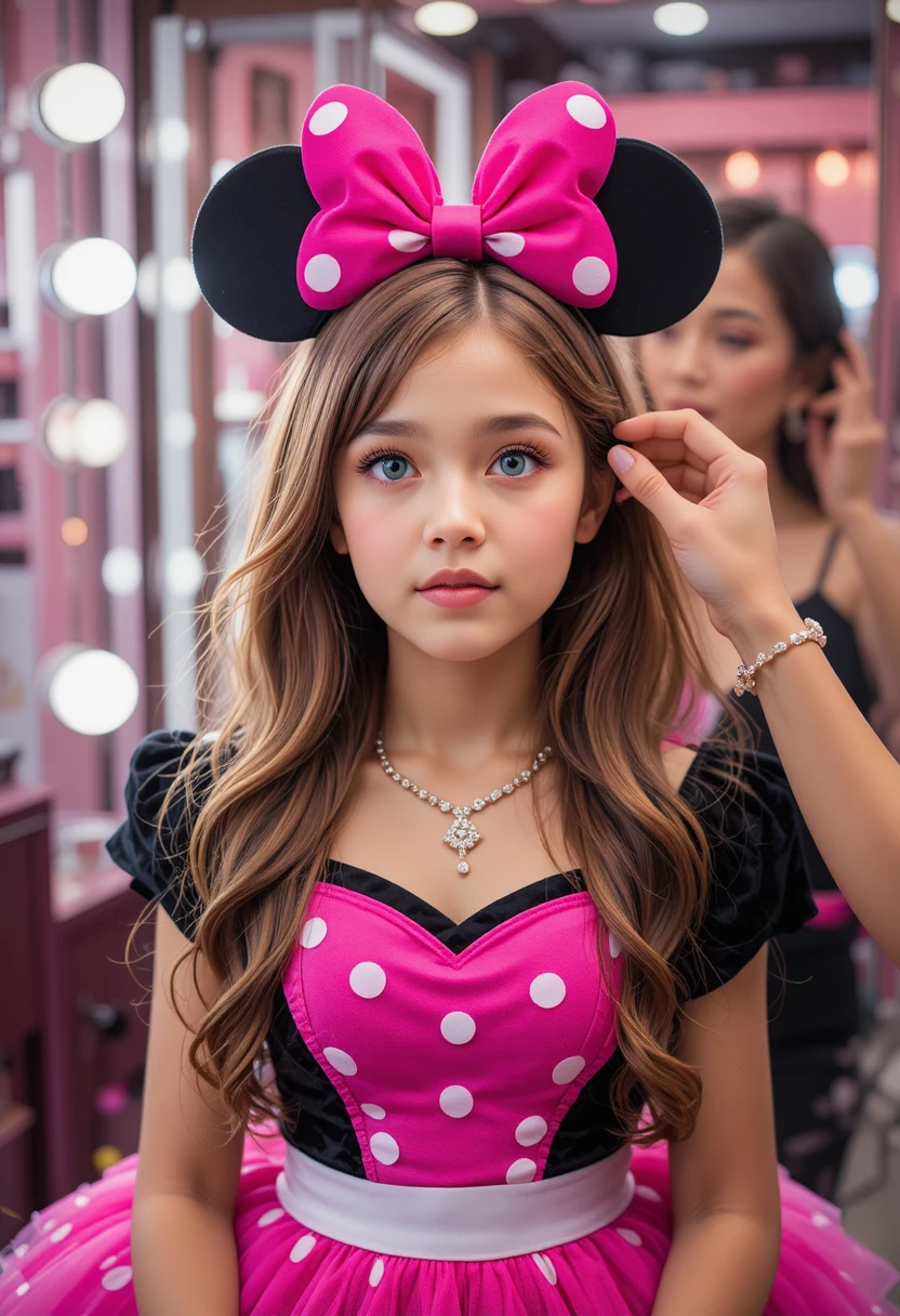 Giovane ragazzo con vestito di Minnie nel camerino di una boutique