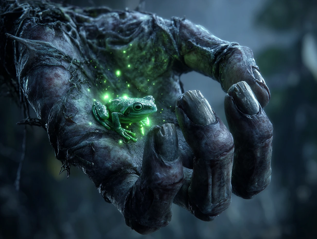 Mano scheletrica di strega che culla una rana freccia velenosa luminosa