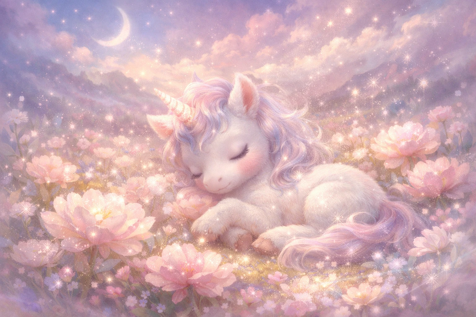 Baby unicorn resting in a glowing dreamy flower field