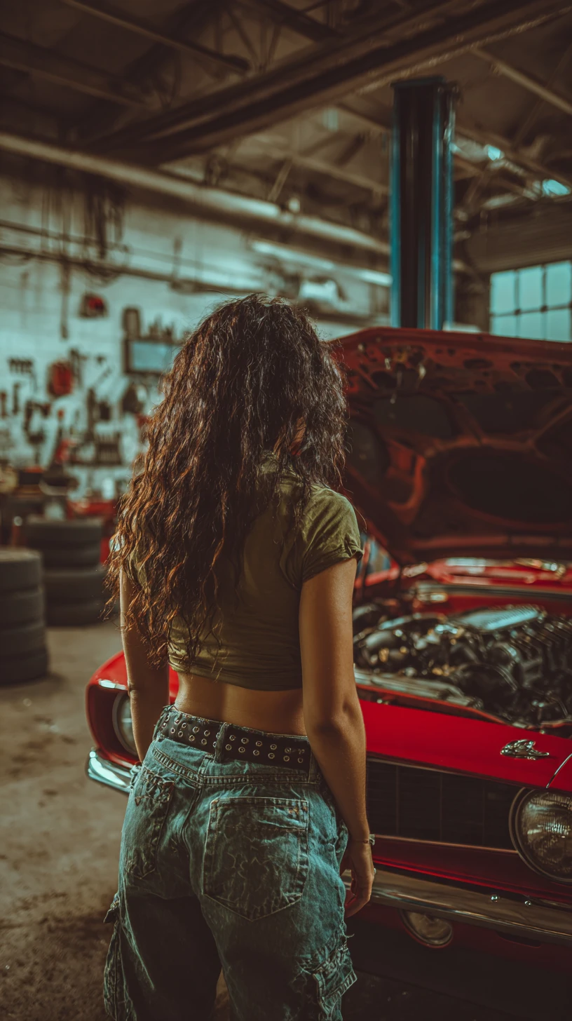 Young mechanic lifting the hood of a red muscle car