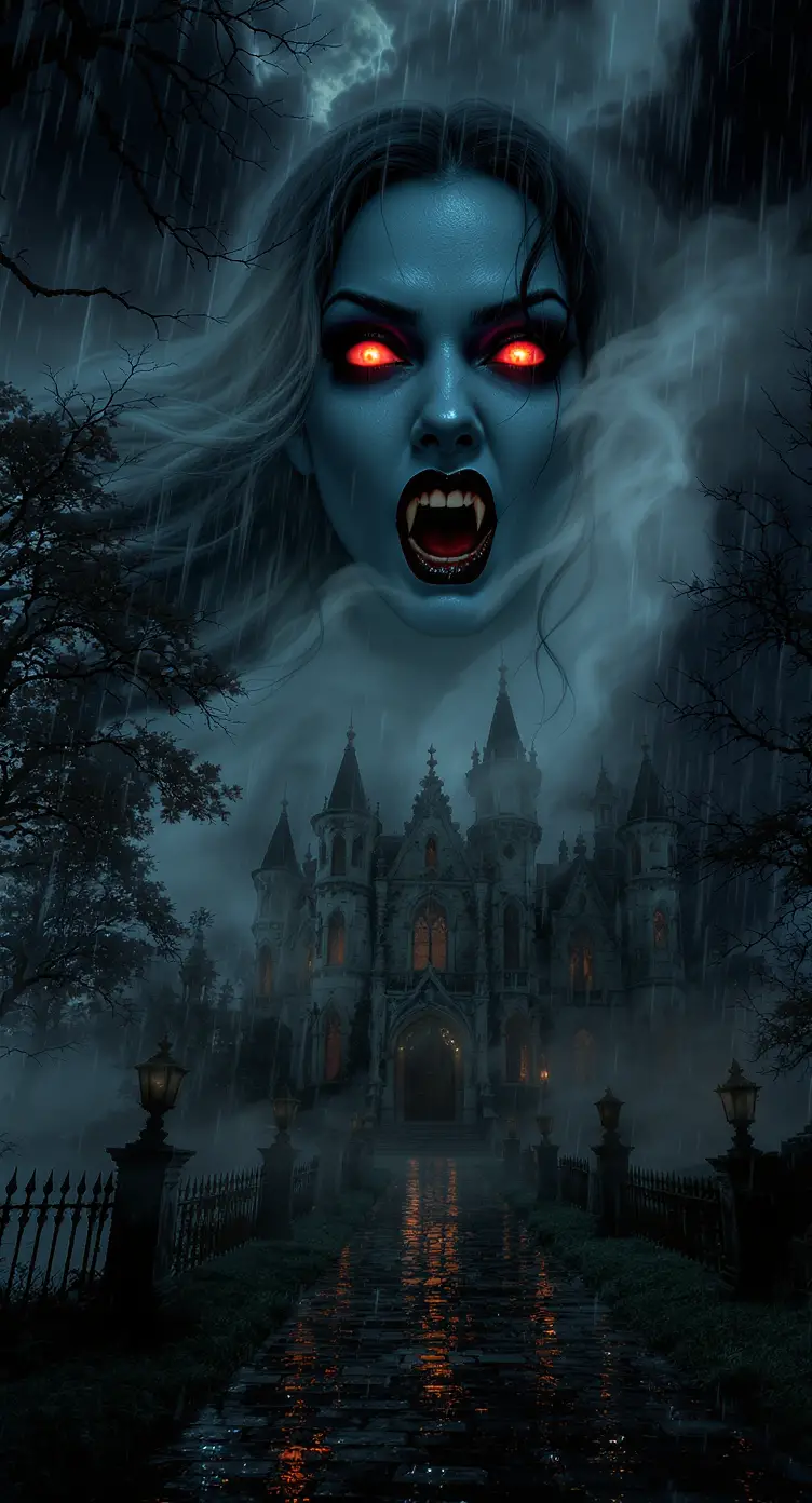 Villa gotica di vampiri che svetta sopra una foresta infestata avvolta nella nebbia