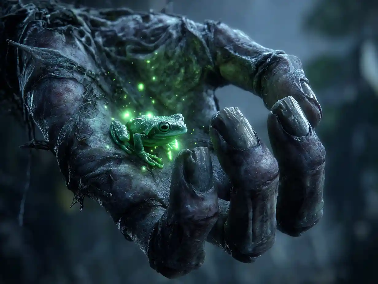 Skeletal witch hand cradling glowing poison dart frog
