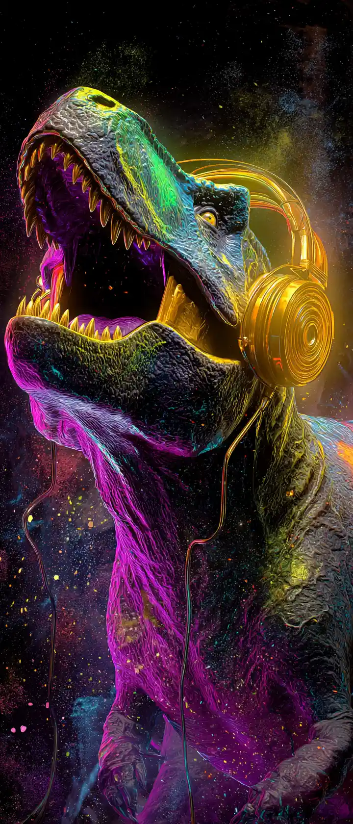 Bunter tanzender T-Rex mit goldenen Kopfhörern im dunklen Dschungel