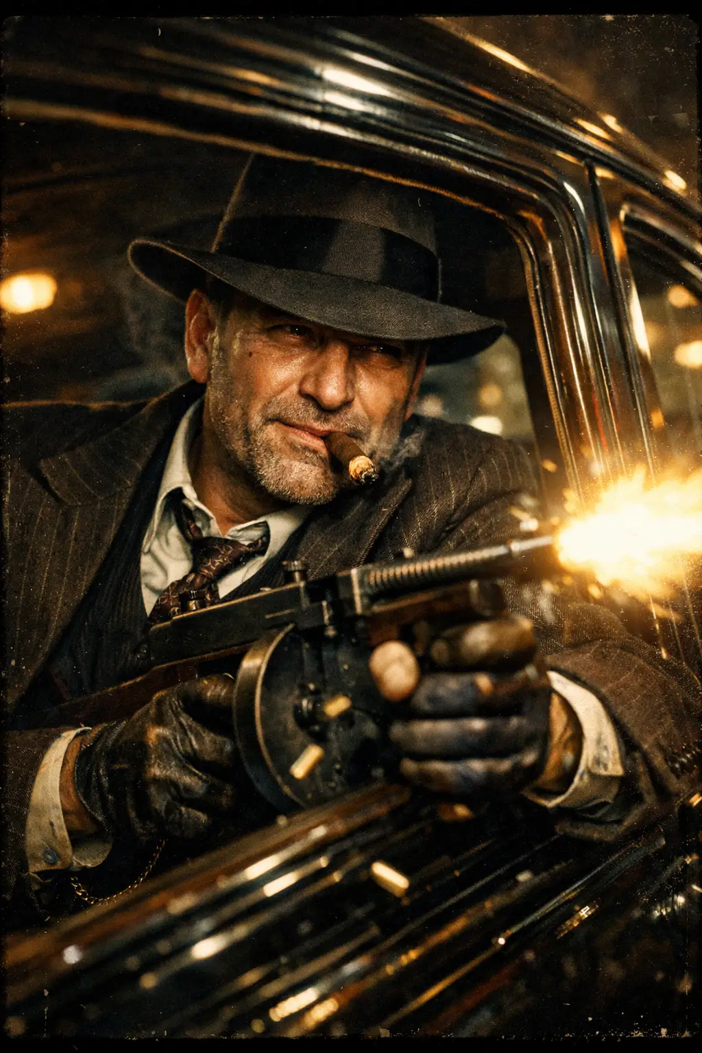 Boss mafioso con mitra Thompson in auto d’epoca nella notte