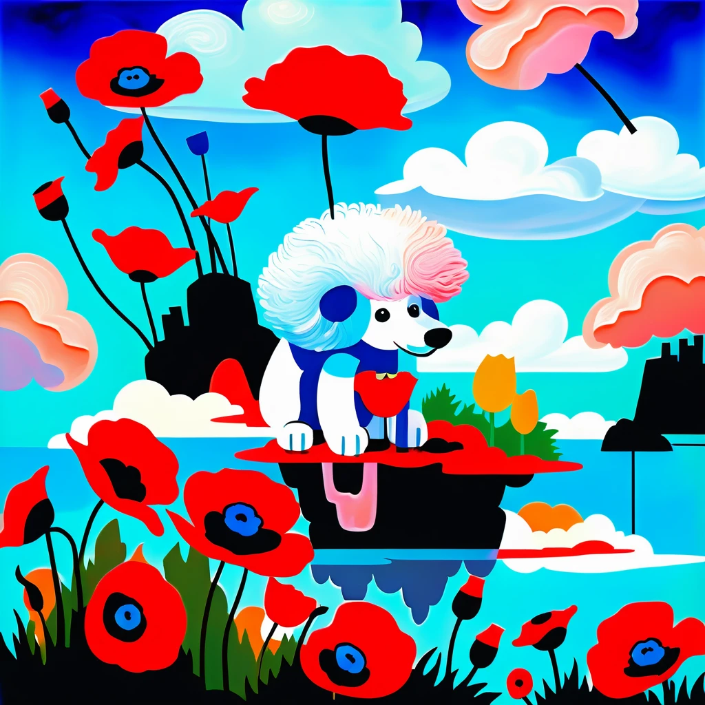 Playful cloud creature nudging poppies on a floating island
