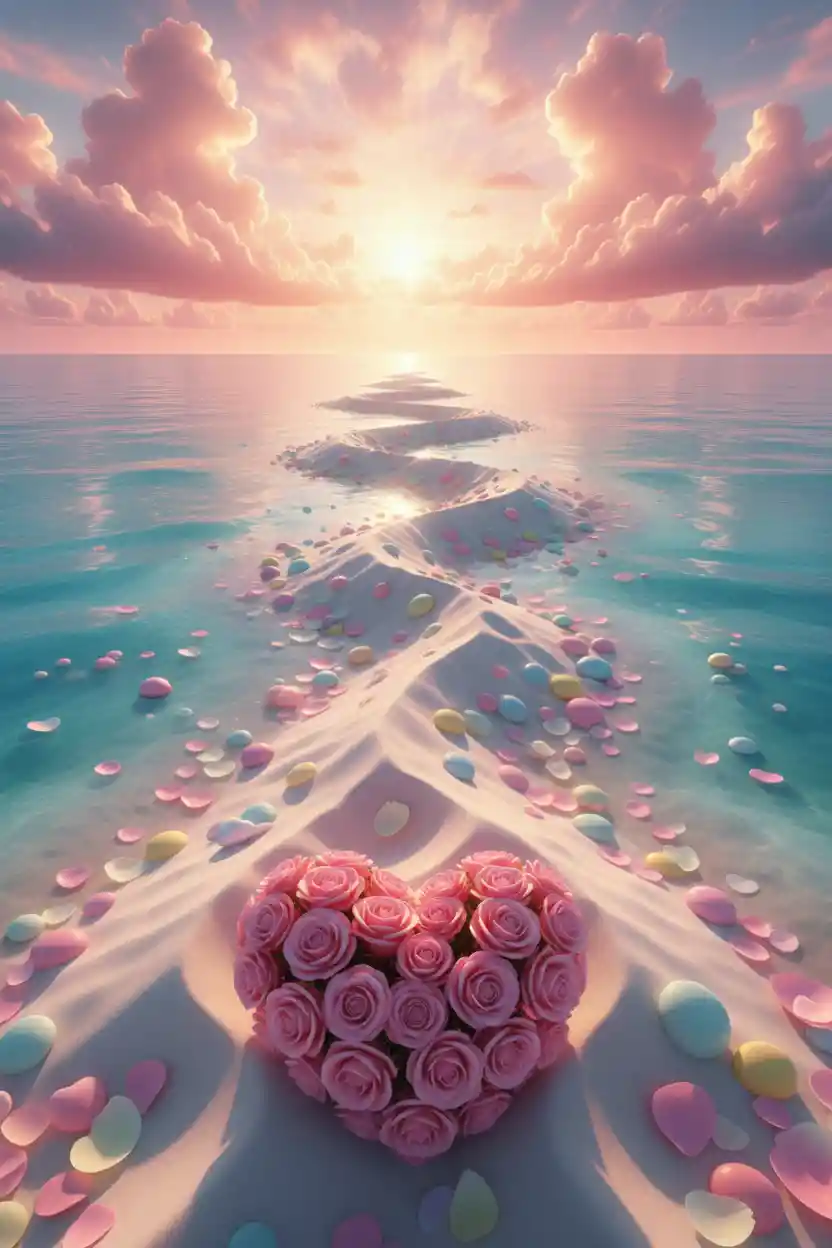 Romantic rose heart on a winding sandbar at sunset