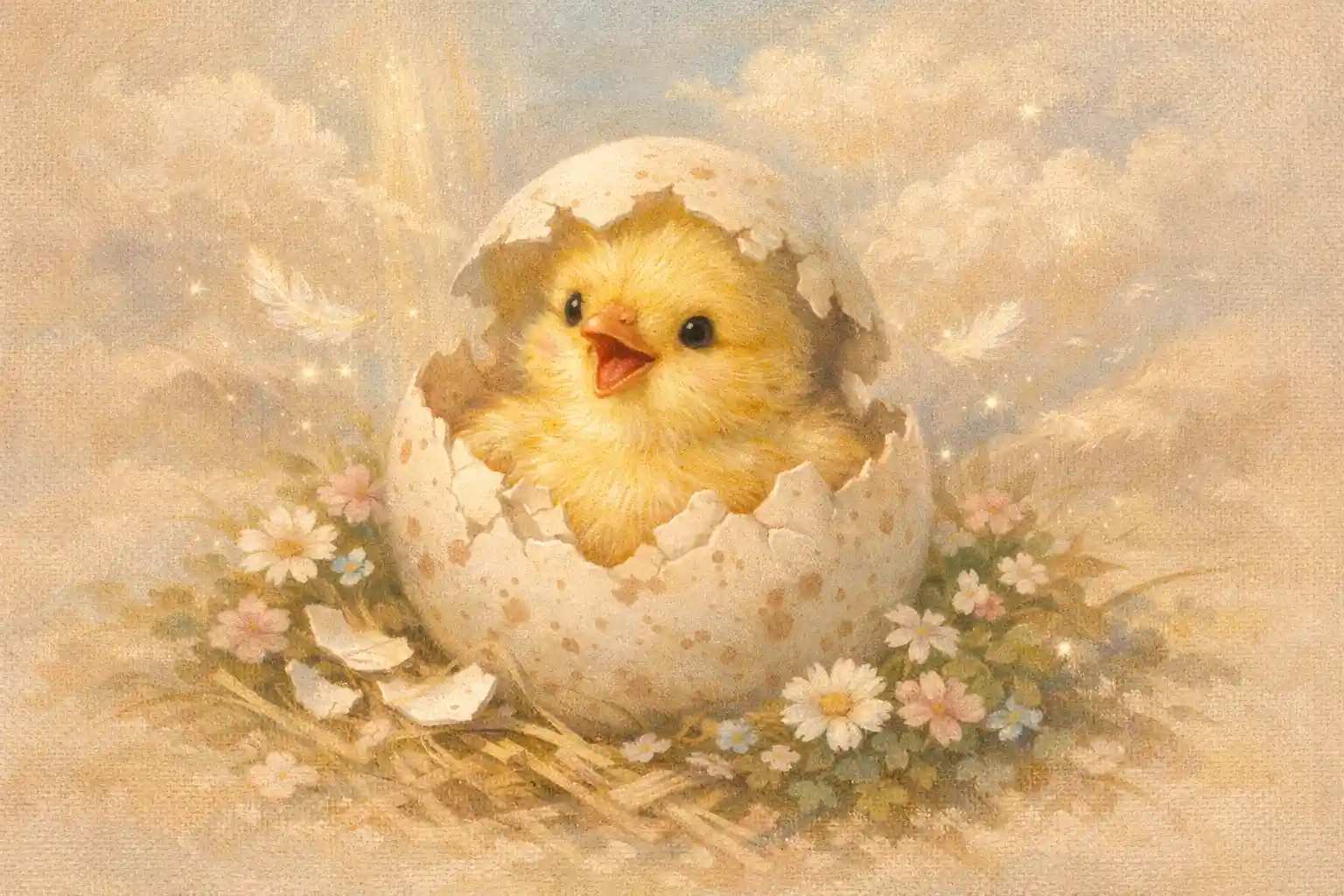 Fröhliches Küken schlüpft aus einem gesprenkelten Ei – Illustration