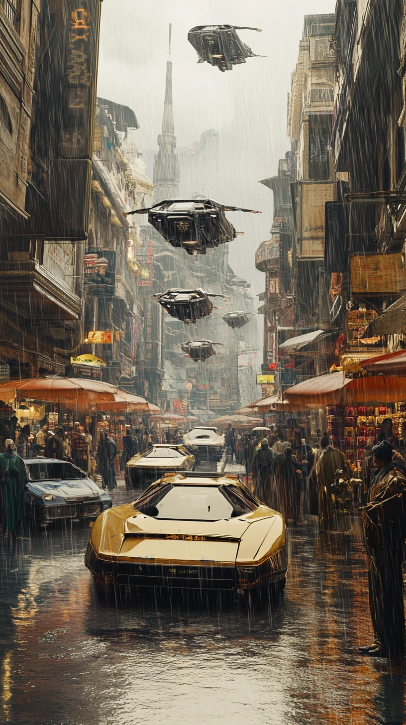 Young man in a rainy futuristic city street at night