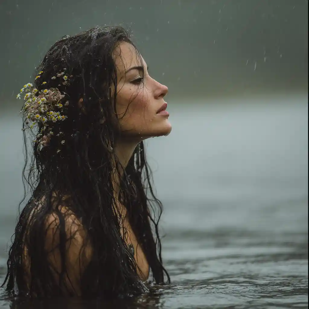 Donna serena che emerge da un lago piovoso con i capelli scuri bagnati