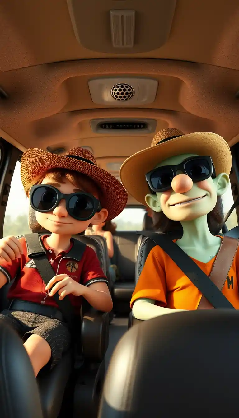 Personaggi cartoon gotici su un autobus delle vacanze in autostrada
