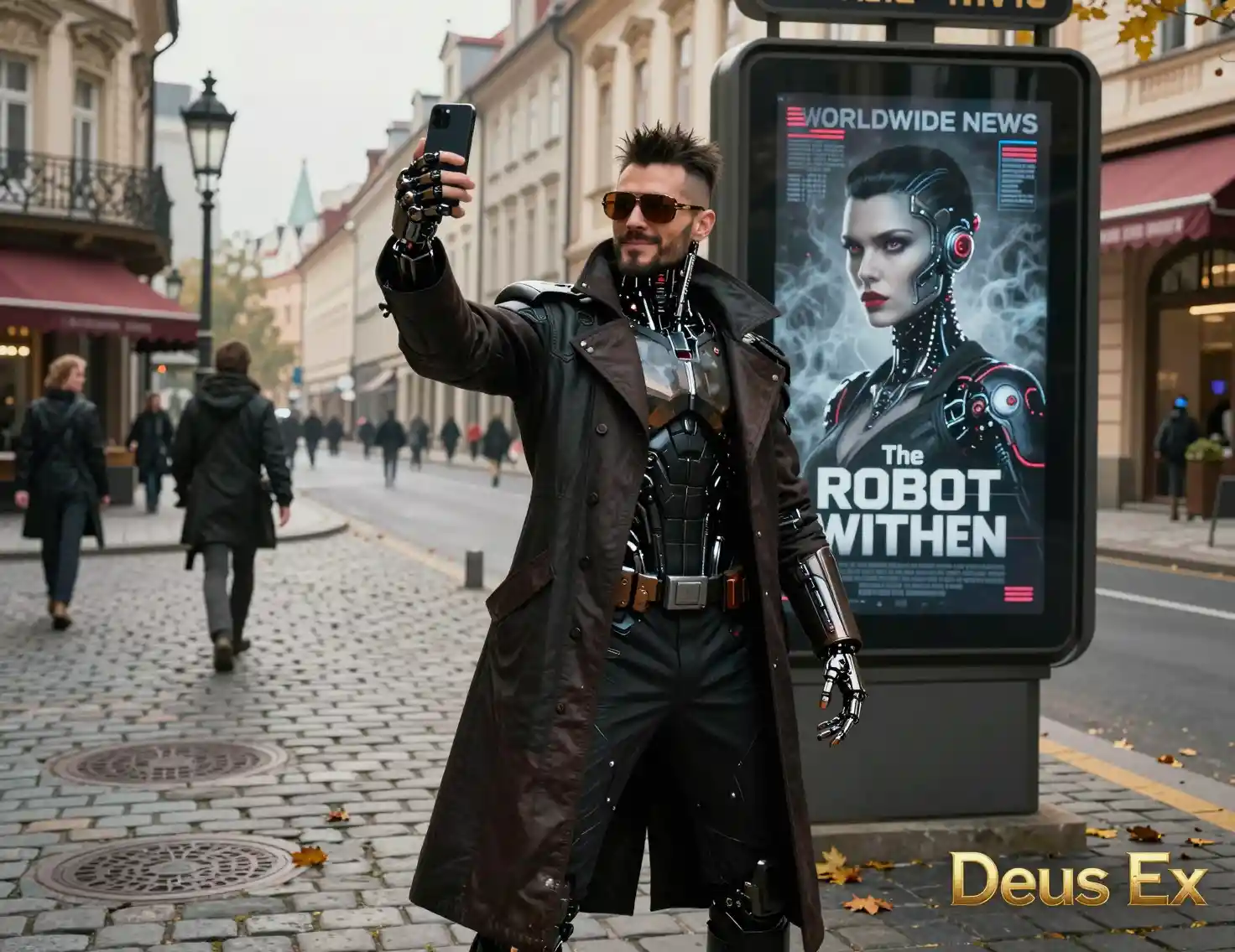 Detective cyberpunk potenziato che si scatta un selfie sui ciottoli