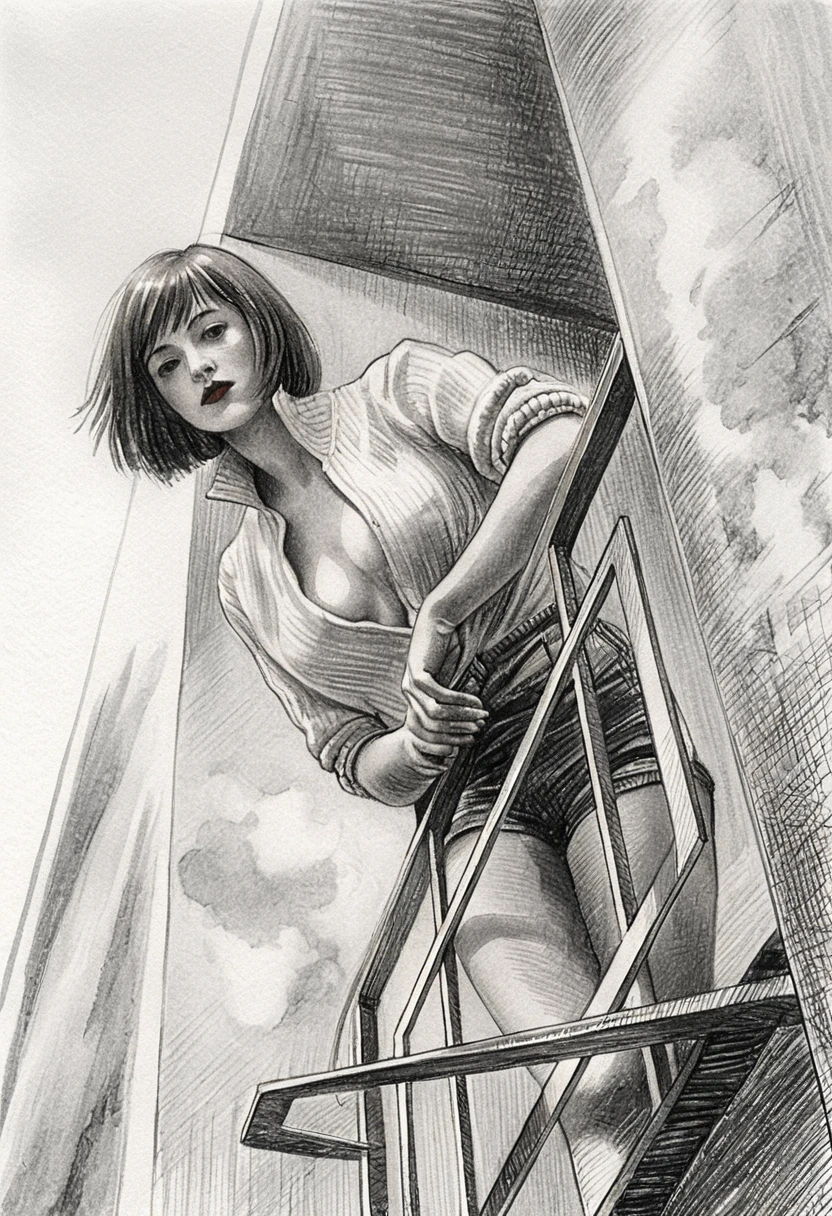 Woman standing on small balcony in dramatic low angle