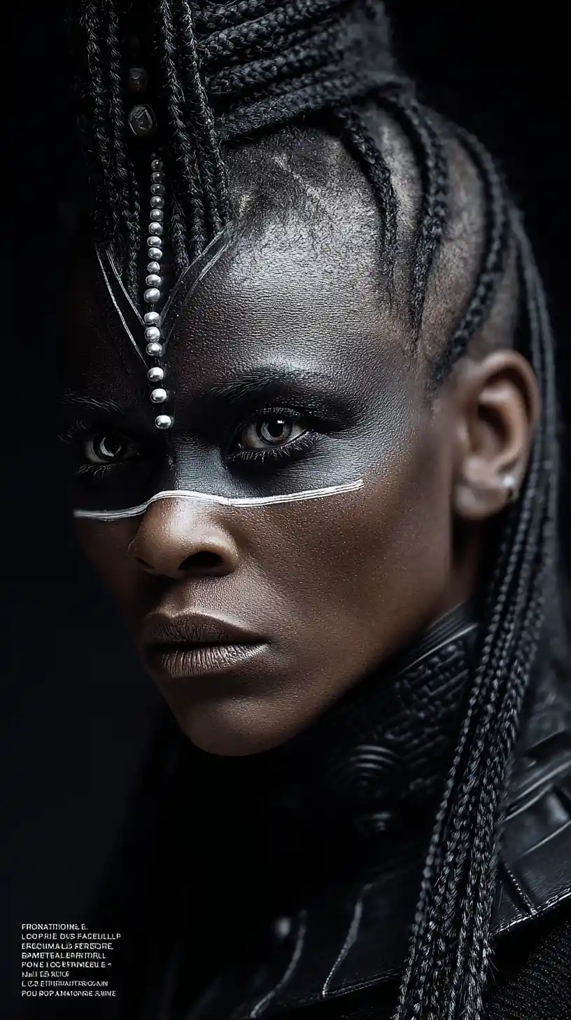 Tribal futuristic woman portrait with obsidian black skin