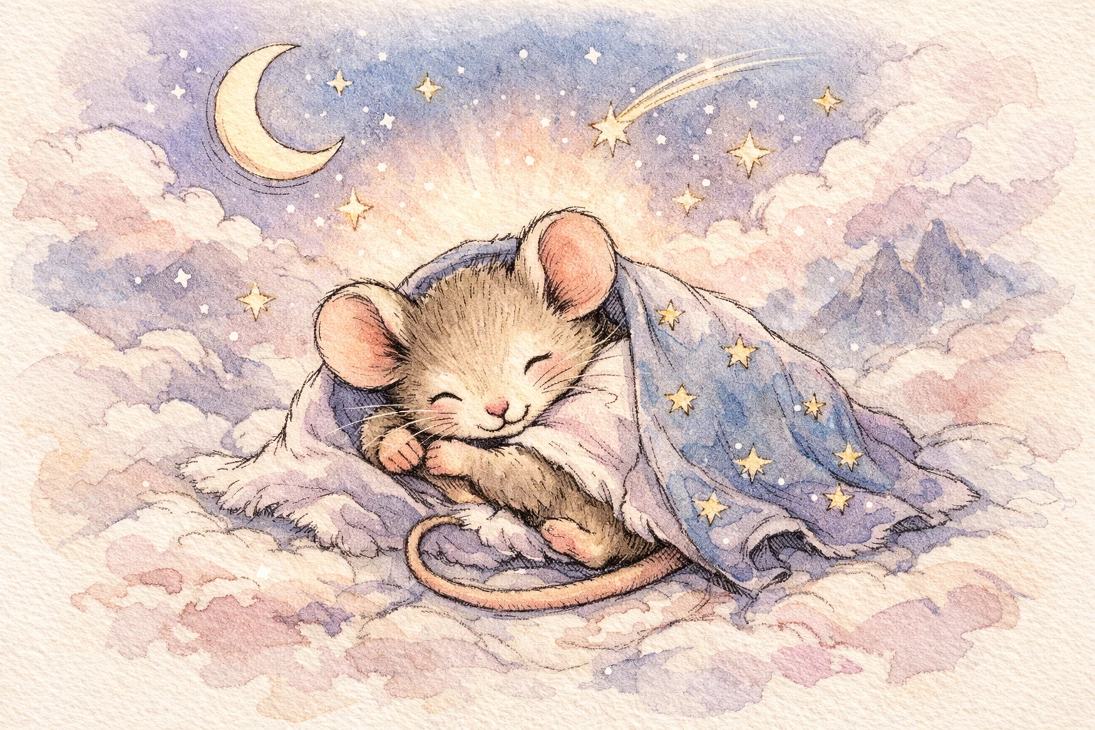 Tiny smiling mouse curled under a soft pastel blanket