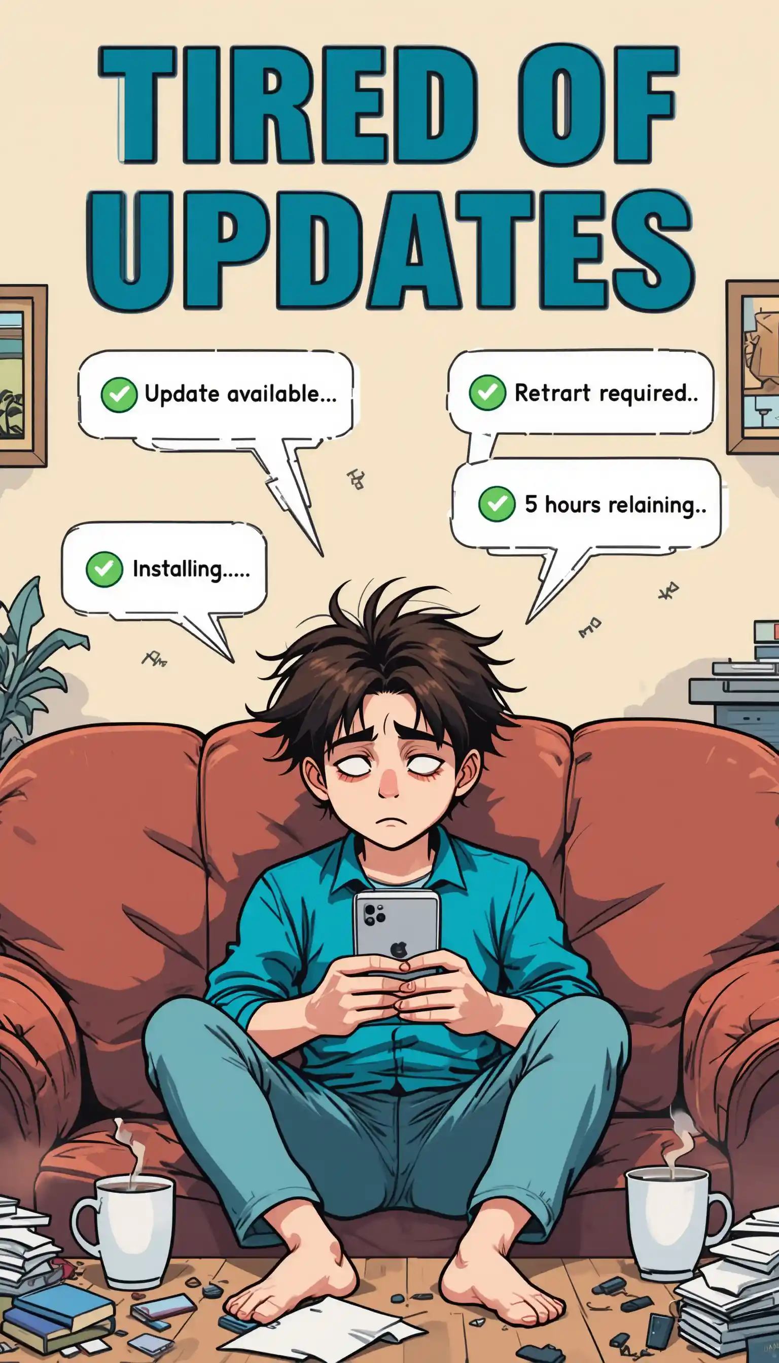 Hombre cansado en el sillón mirando infinitas actualizaciones del móvil