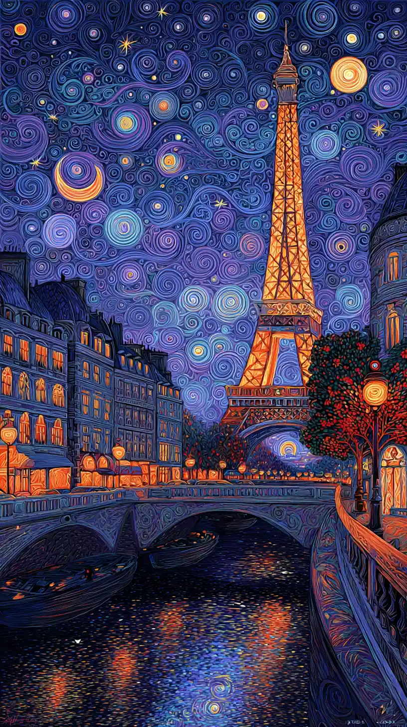 Paisagem urbana dourada e surreal de Paris ao longo do Sena à meia-noite