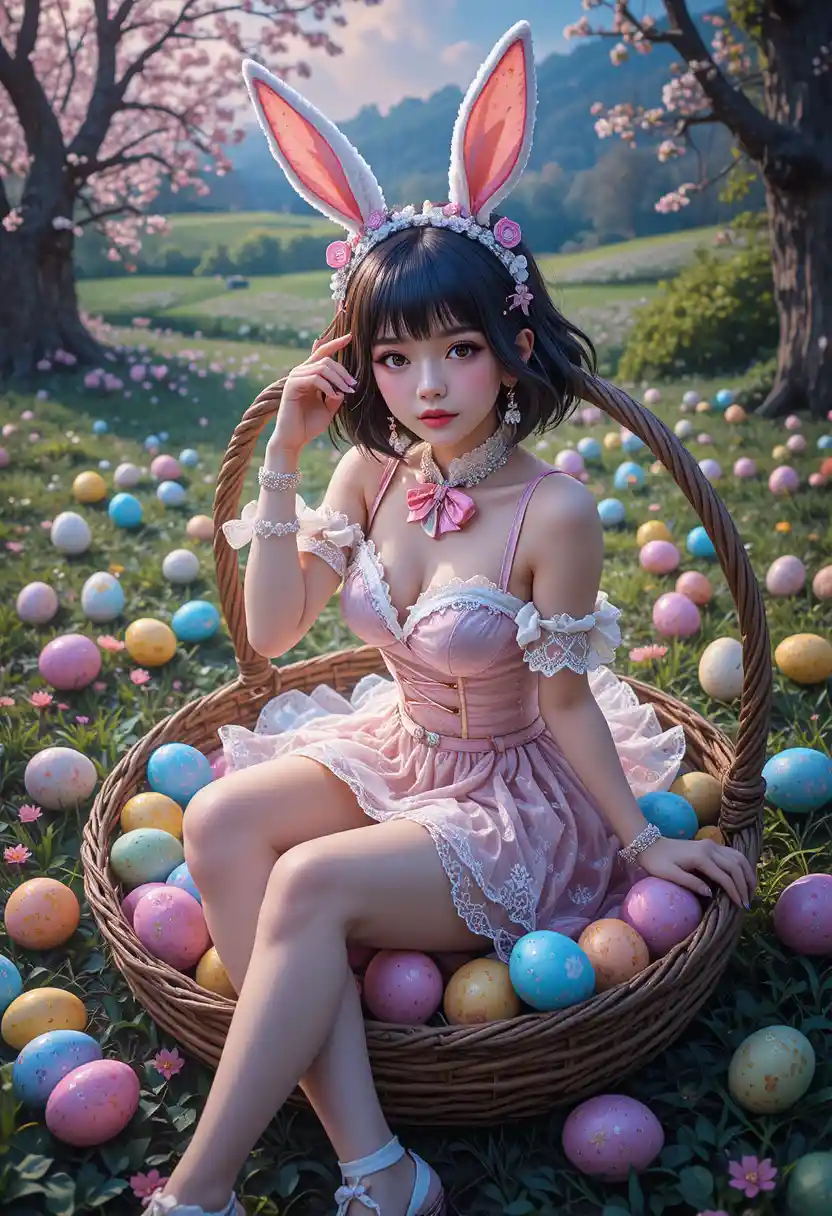 Fille anime en costume de lapin assise dans un panier de Pâques