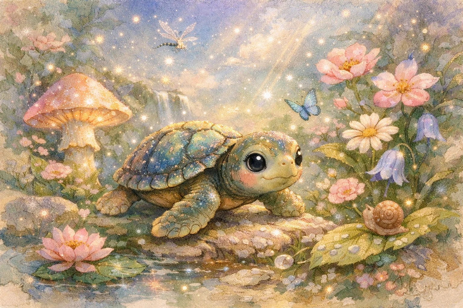 Baby turtle exploring a gentle pastel garden illustration
