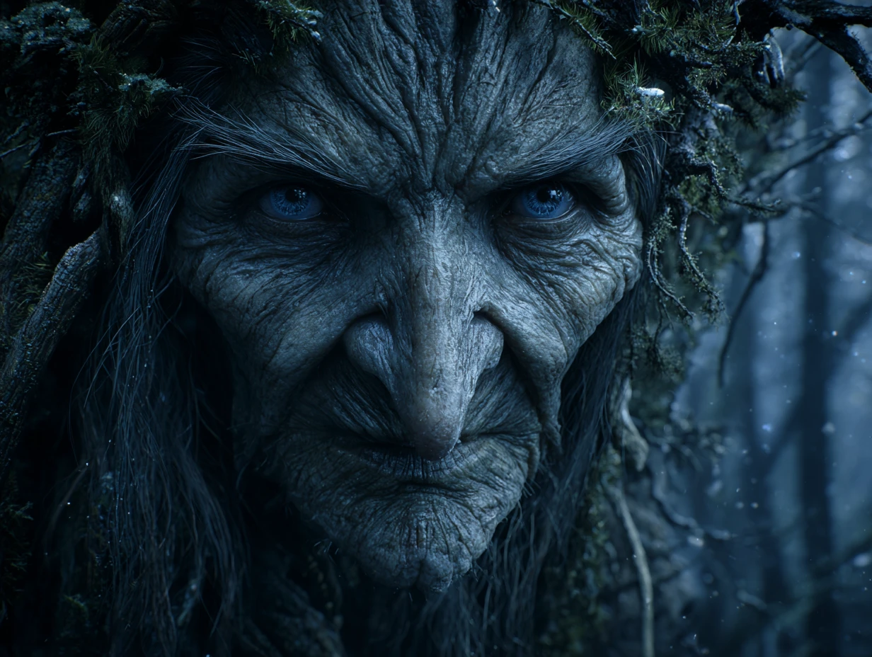 Altes weibliches Waldgeist-Gesicht, das aus einem Eichenstamm hervortritt