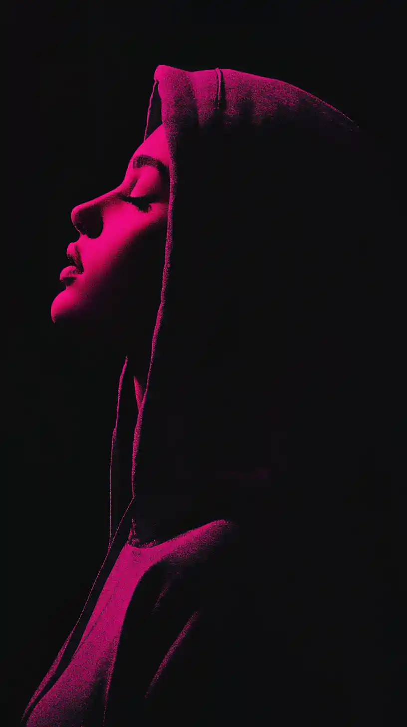 Silhouette femminile incappucciata in profilo con controluce rosa
