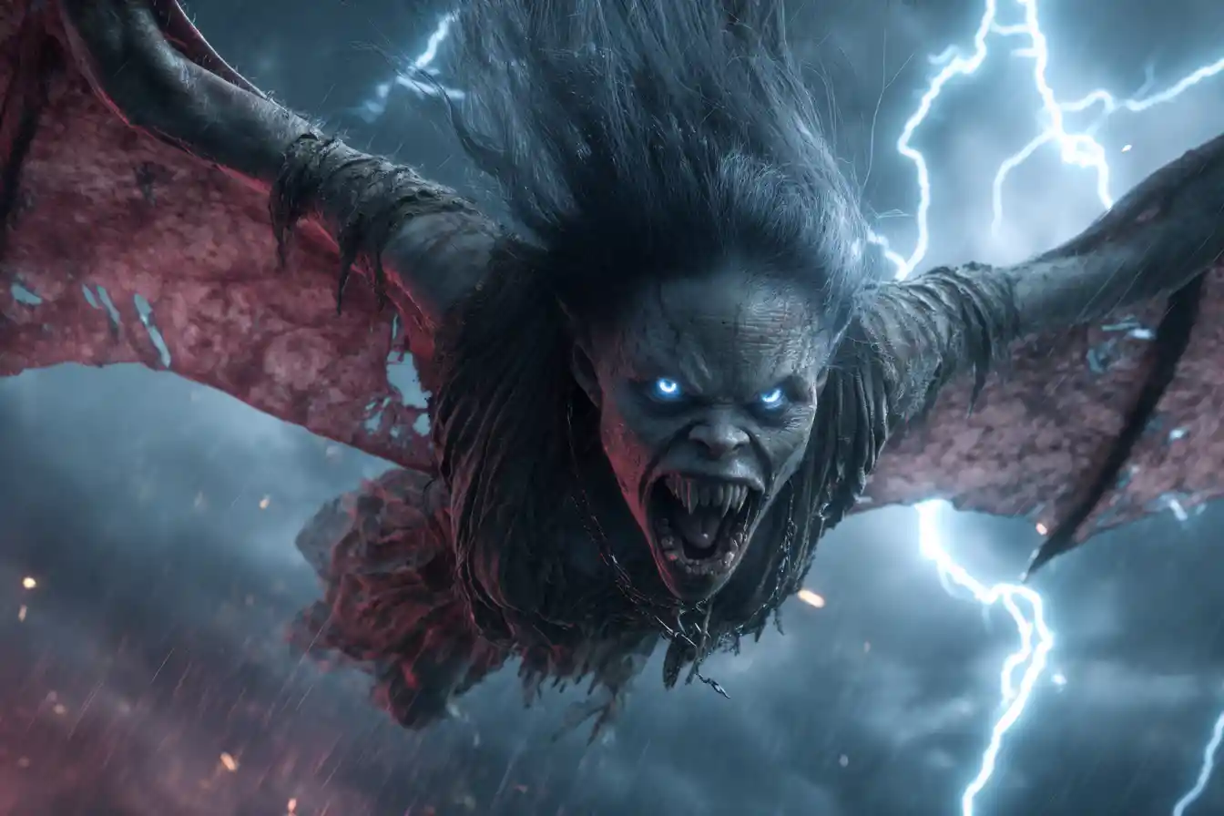 Demonic winged woman flying through lightning in a storm