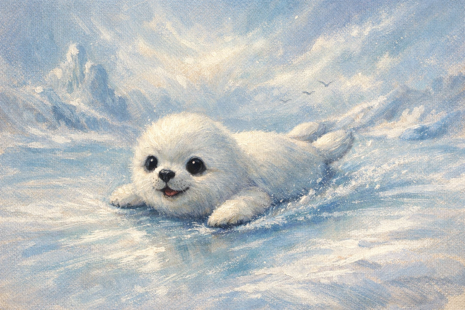 Baby seal sliding playfully across soft icy surface