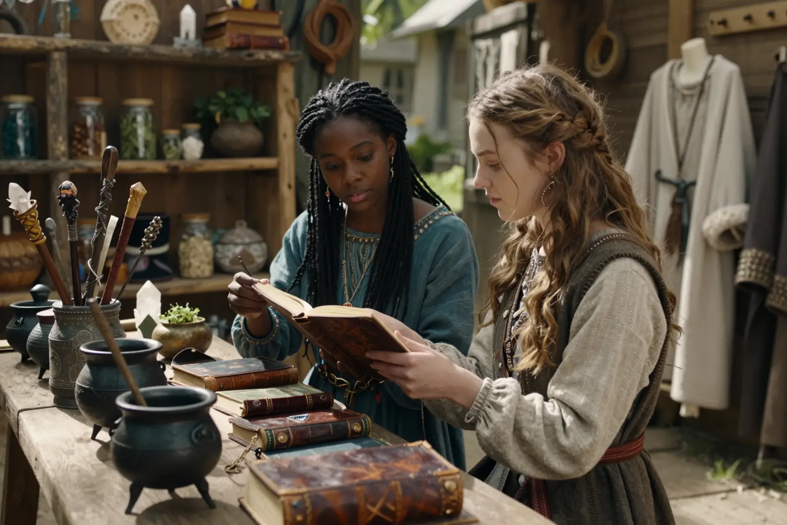 Two young women shopping in a rustic fantasy magic shop