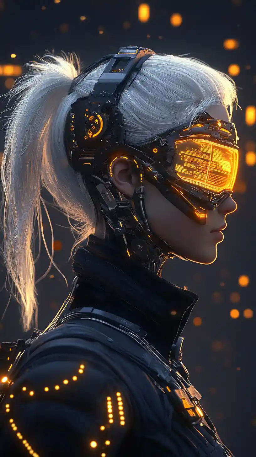 Cyborg femenina cyberpunk en retrato de perfil futurista y brillante