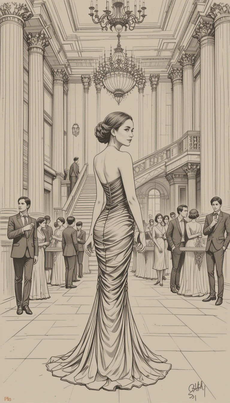 Elegant woman in evening gown in grand sepia ballroom
