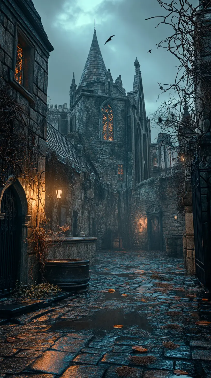 Ominous castle courtyard in moonlit dark fantasy scene
