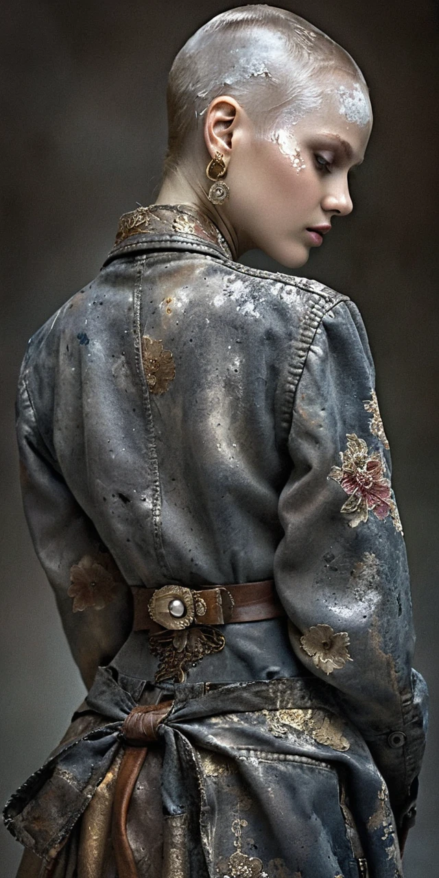 Avant garde fashion portrait of shaved woman in leather and brocade