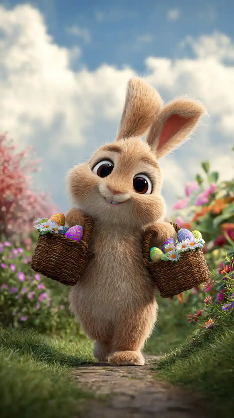 Dolce coniglietto con cestini di Pasqua in un giardino colorato