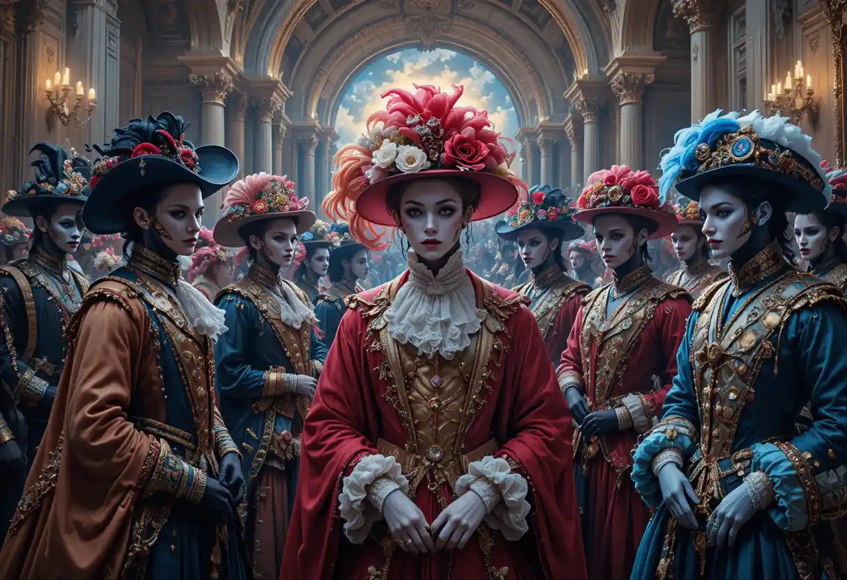 Baroque artists celebrating in a lively Roman gathering
