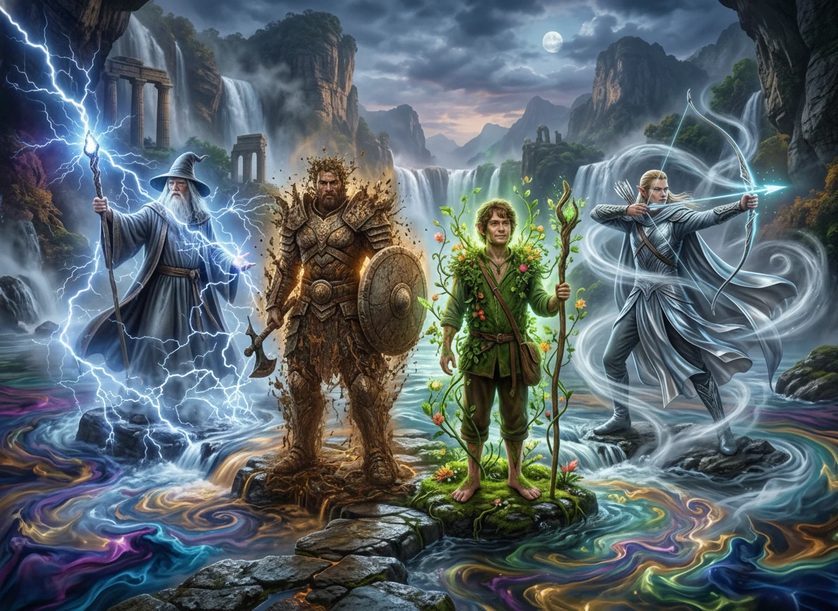 Elemental heroes gathered in a swirling magical realm
